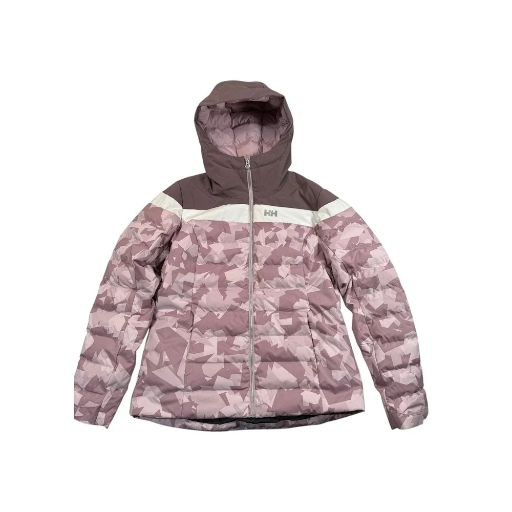 Helly Hansen Imperial Puffy Jacket Womens XL Camo Hoodie RECCO Ski Purple‎